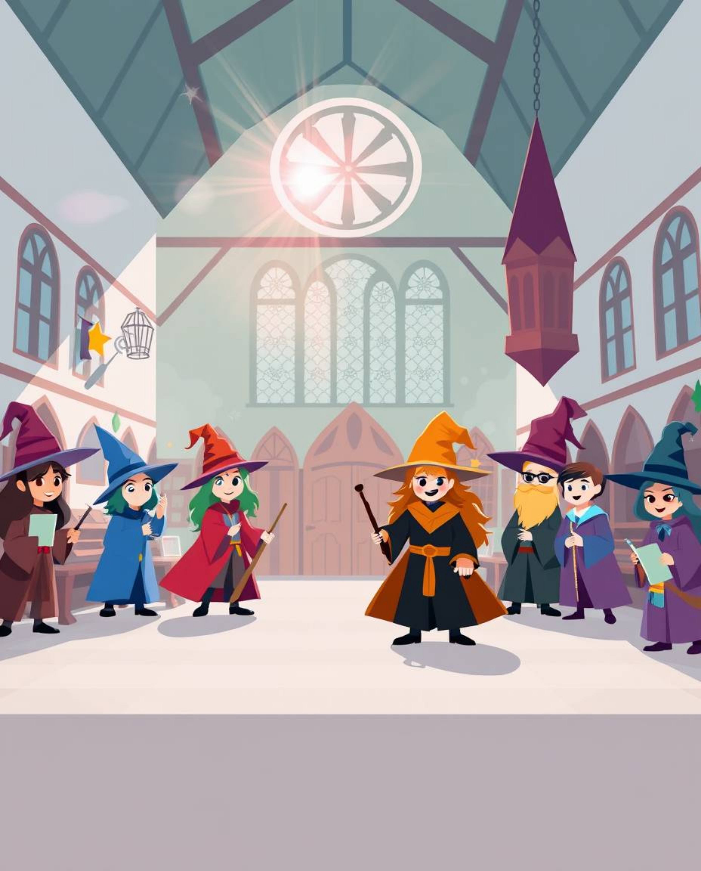 Explore a modern flat design showcasing a magical school brimming with young wizards. This captivating artwork employs simple