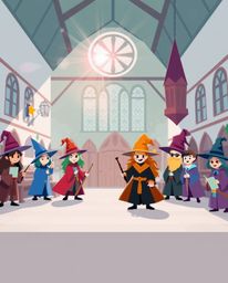 Explore a modern flat design showcasing a magical school brimming with young wizards. This captivating artwork employs simple