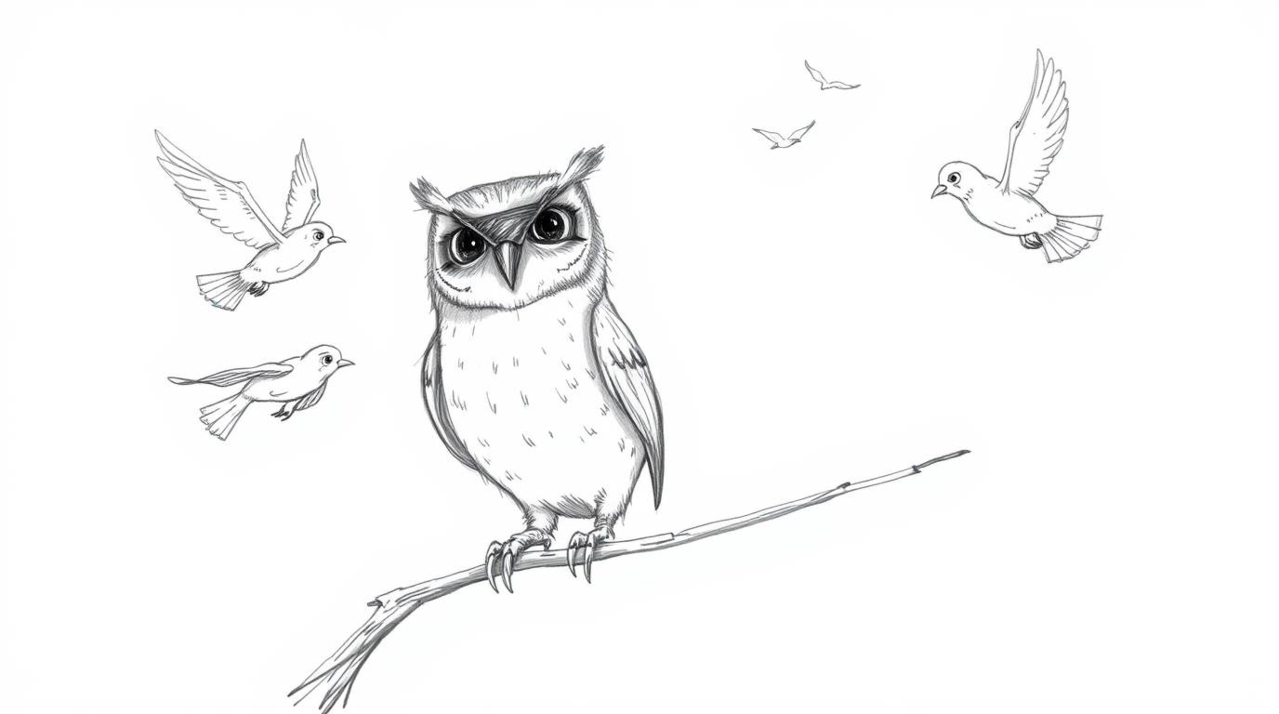 A hand-drawn pencil sketch captures a serene, blind owl in a Pixar-esque style, teaching birds how to fly. The owl sits calml