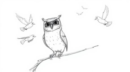 A hand-drawn pencil sketch captures a serene, blind owl in a Pixar-esque style, teaching birds how to fly. The owl sits calml