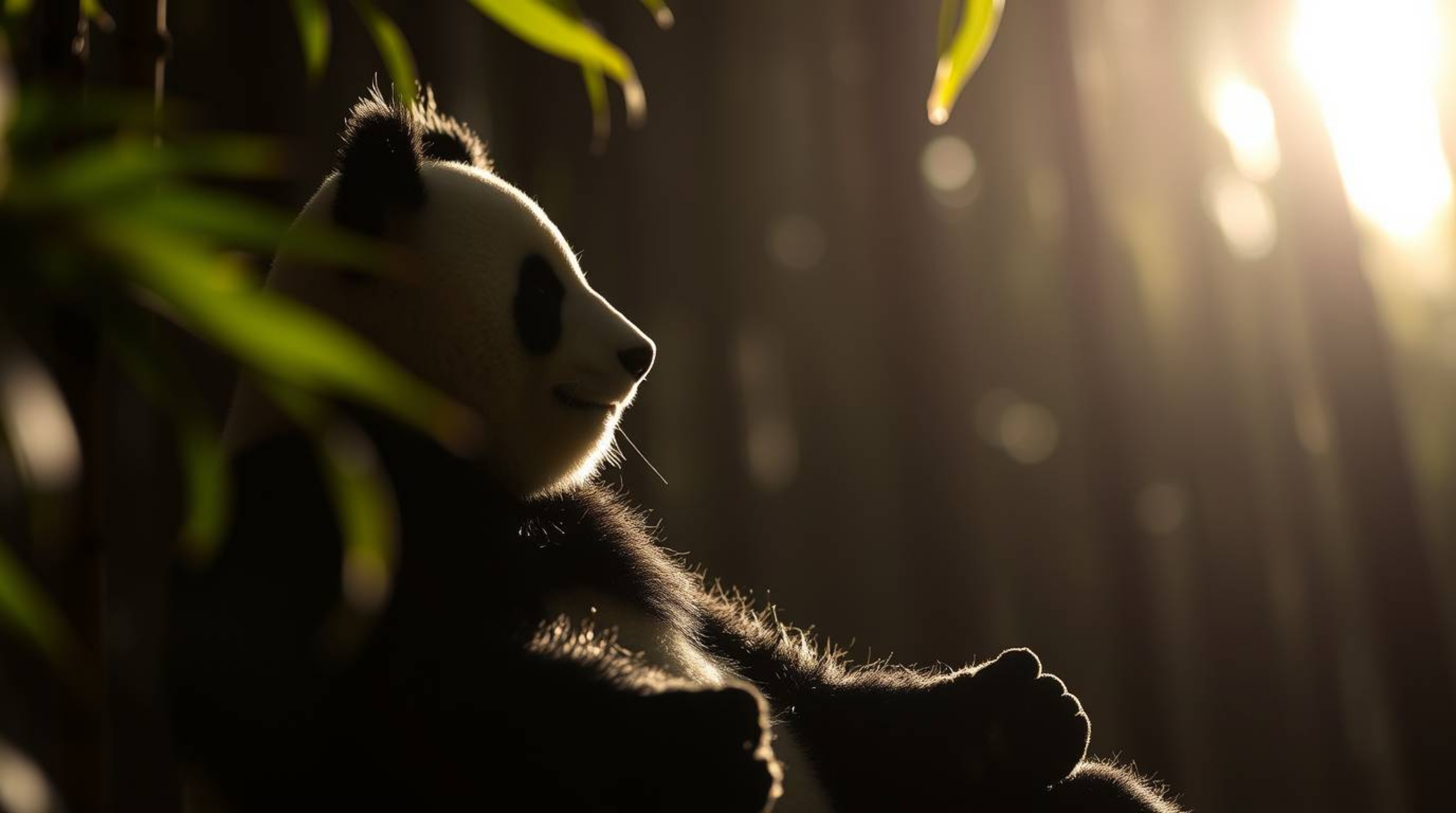 An extreme macro close-up image showcasing a silhouetted martial artist panda in a meditative pose amidst a bamboo forest. Ba