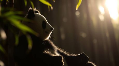 An extreme macro close-up image showcasing a silhouetted martial artist panda in a meditative pose amidst a bamboo forest. Ba