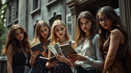 A candid street photograph capturing the essence of teenage grace as a group of elegant teens, characterized by their refined