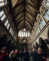 Capture the enchantment of a magical school brimming with young wizards in this architectural photograph. The low angle persp