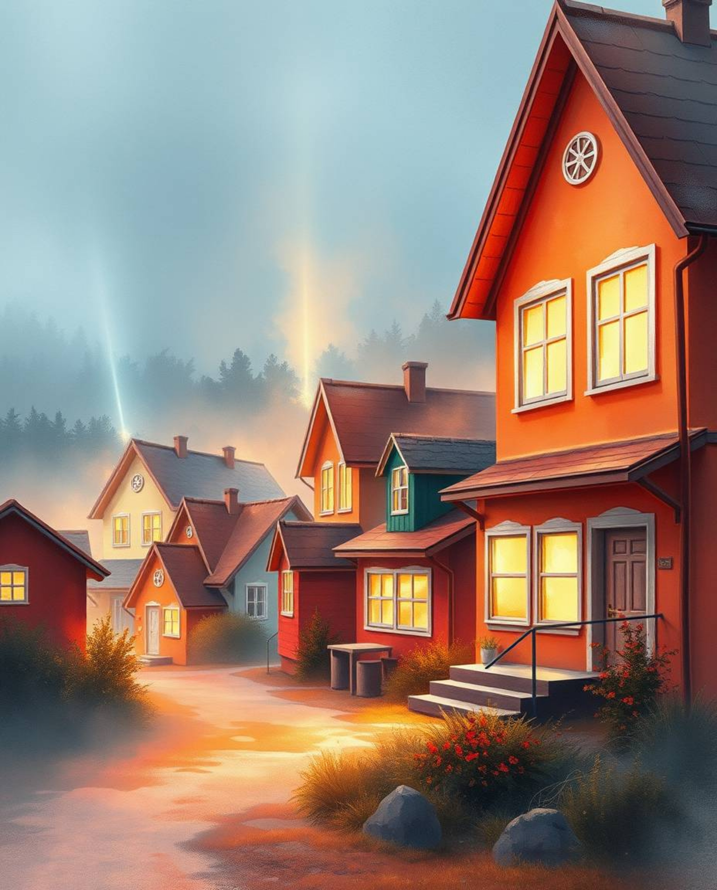 This watercolor painting depicts a sleepy town filled with charming pastel houses in shades of red, orange, and yellow.  Volu