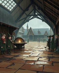 Immerse yourself in a captivating scene of a magical school bustling with young wizards, rendered in natural earth tones of b