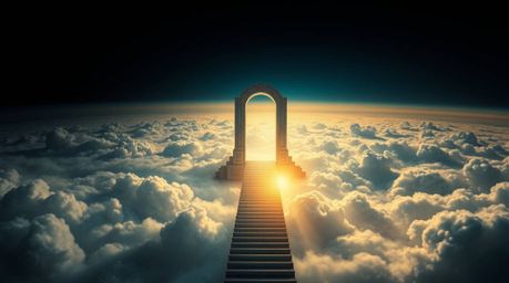 Experience a breathtaking scene of a heavenly gate suspended above the clouds, bathed in golden light cascading onto earth. T