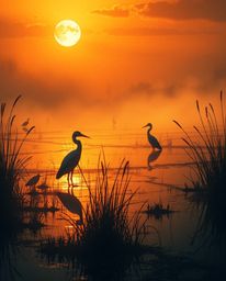 An ethereal illustration of a Golden hour wetlands scene with herons, featuring dramatic chiaroscuro lighting that creates st