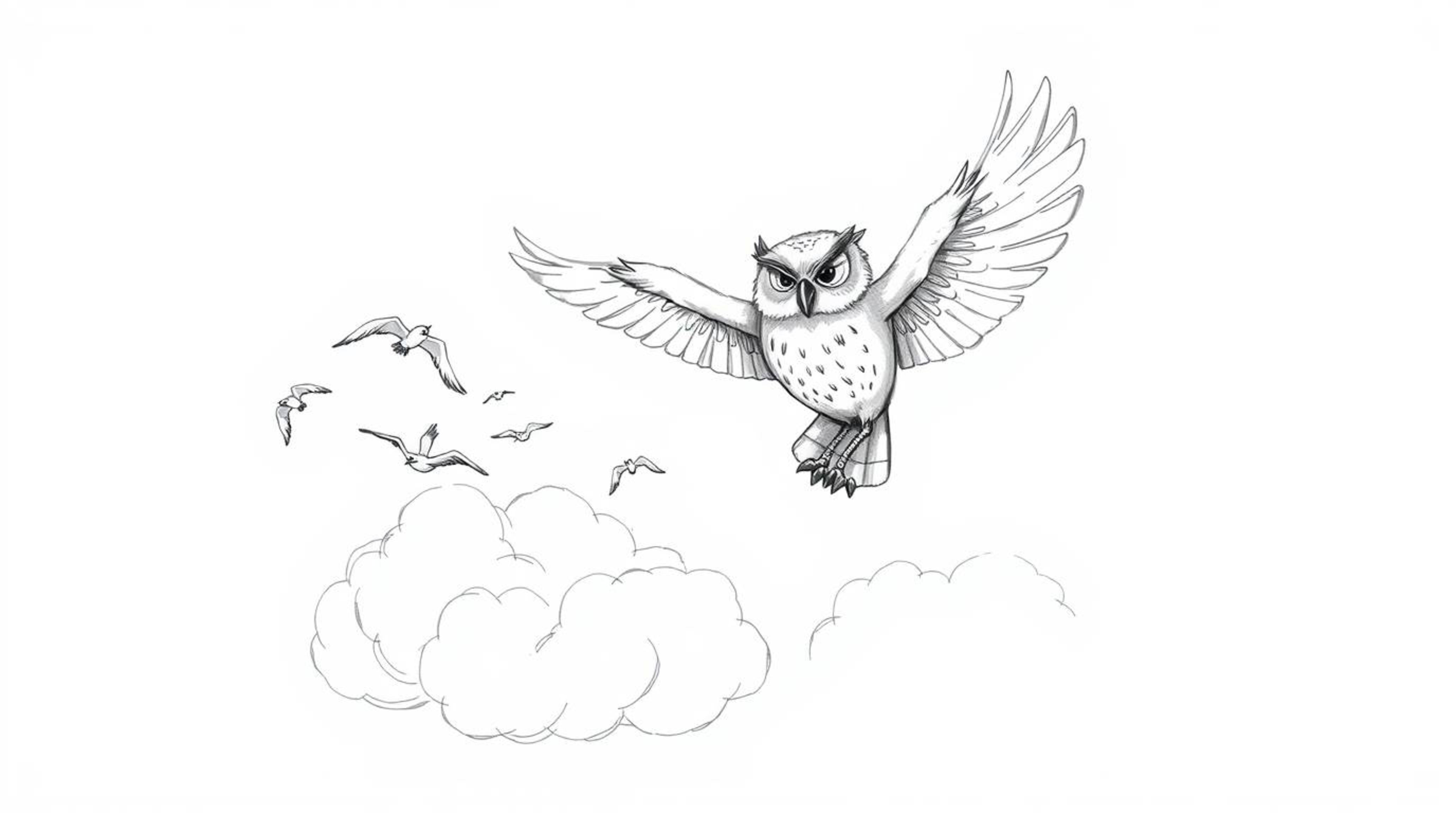 A heartwarming hand-drawn sketch in the style of Pixar depicts a blind owl, radiating wisdom and pride, soaring effortlessly 