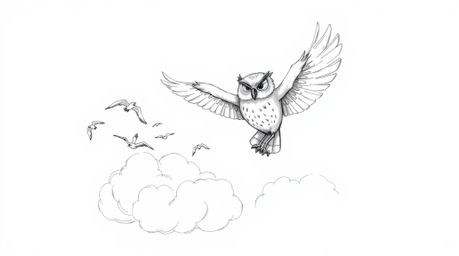 A heartwarming hand-drawn sketch in the style of Pixar depicts a blind owl, radiating wisdom and pride, soaring effortlessly 