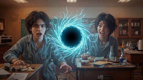 A vibrant and dynamic cinematic photograph of two excited and bewildered science fair participants, likely in their mid-teens