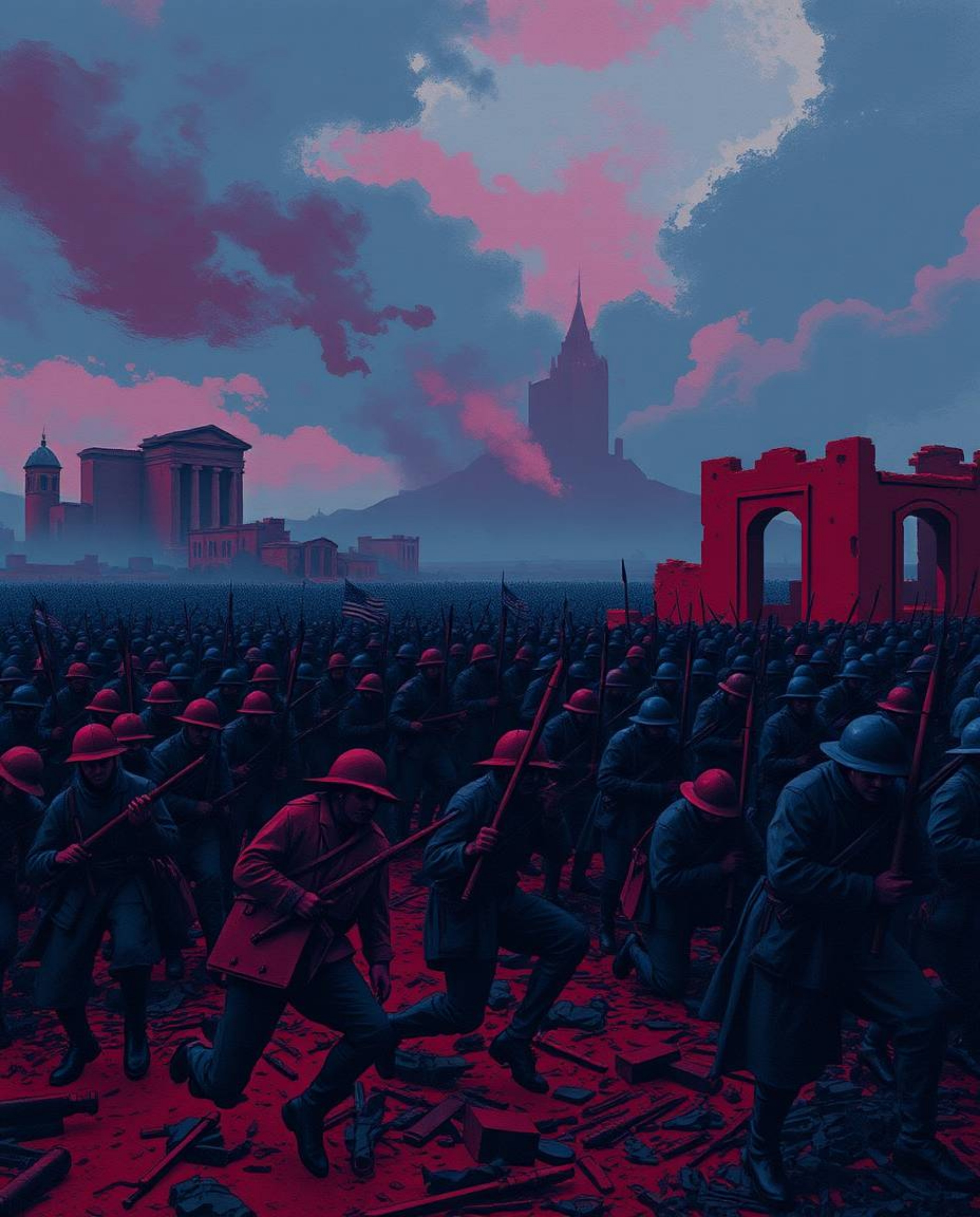 Immerse yourself in a battlefield of time-warped soldiers and crumbling buildings, painted in rich burgundy and deep blue hue