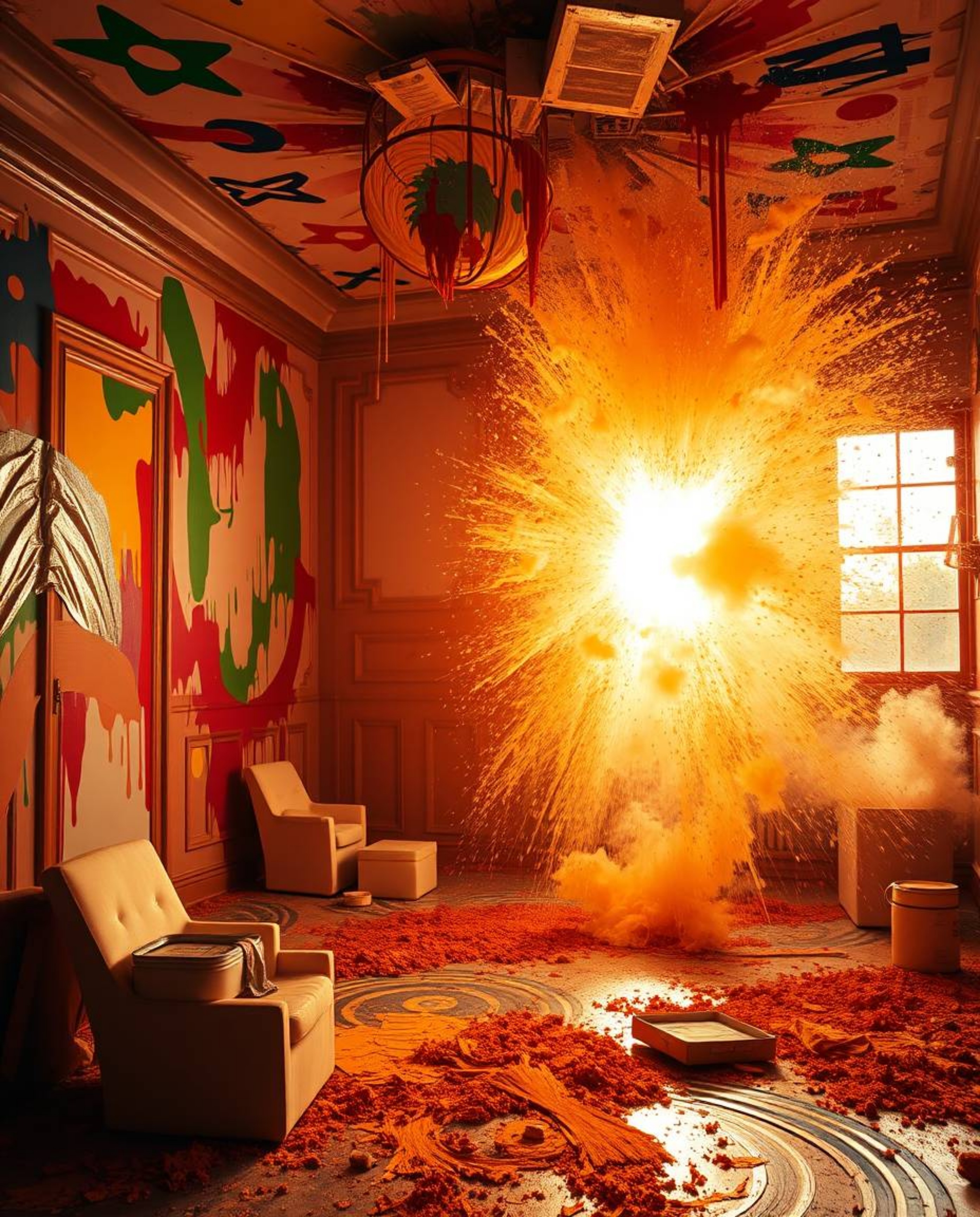 A high-resolution stock photo showcasing a room exploding with paint, bathed in a warm golden glow. The image features a radi