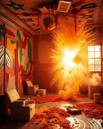 A high-resolution stock photo showcasing a room exploding with paint, bathed in a warm golden glow. The image features a radi