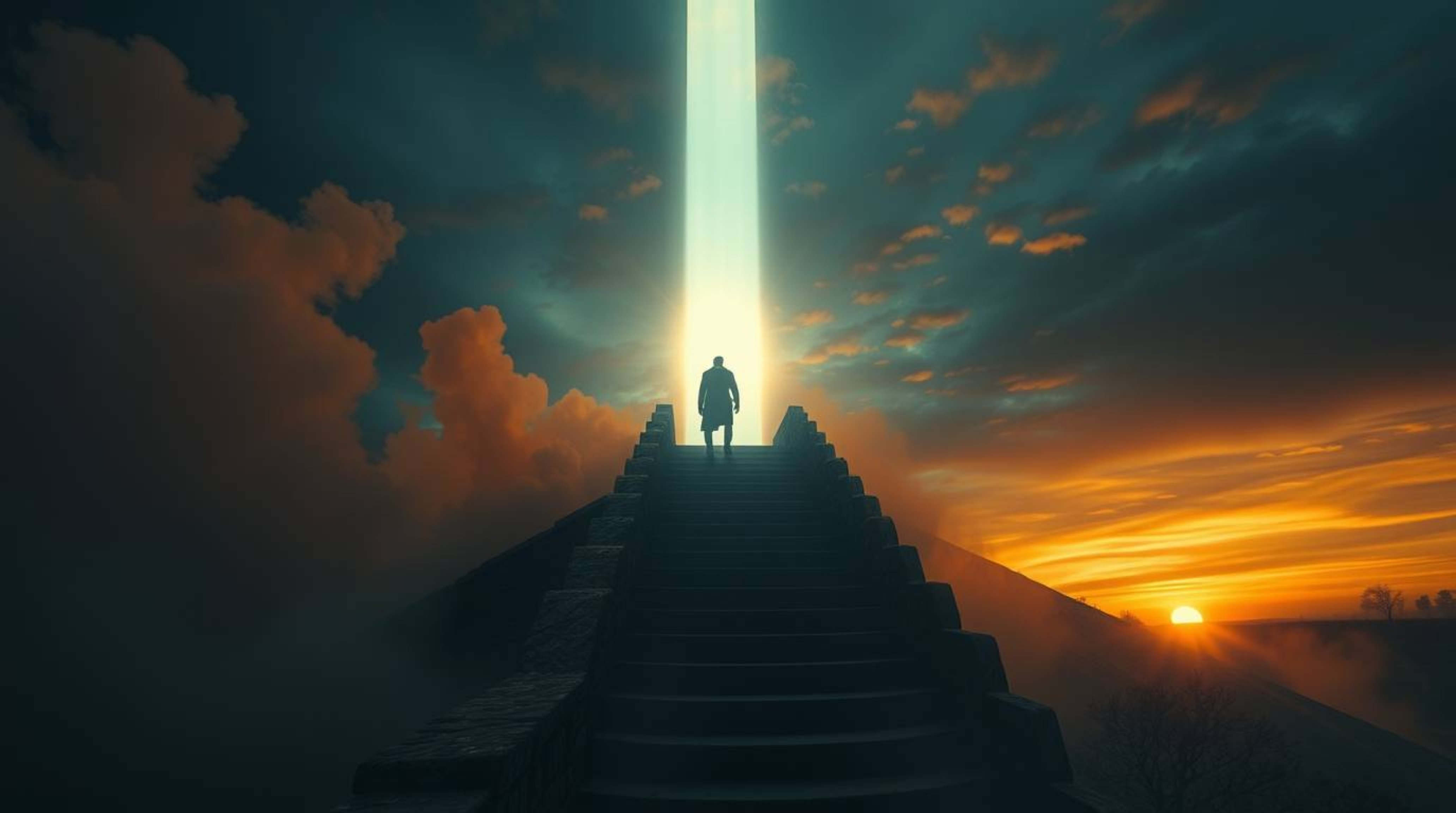 A lone figure ascends a weathered stone staircase towards a radiant beam of divine light, set against a backdrop of a smoke-f
