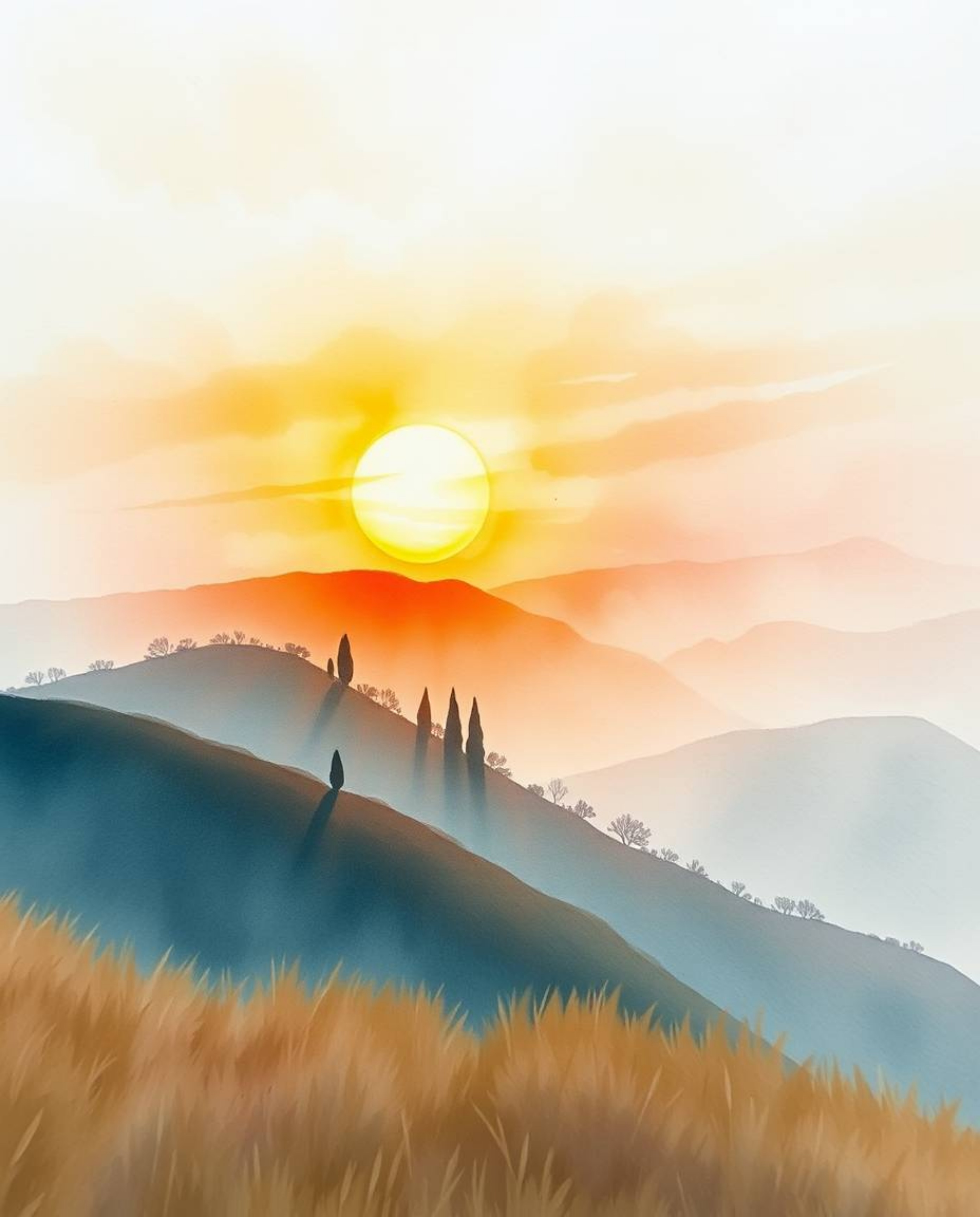This is a delicate watercolor painting capturing a Tuscan sunset over misty, rolling hills from a dramatic low-angle perspect