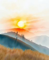 This is a delicate watercolor painting capturing a Tuscan sunset over misty, rolling hills from a dramatic low-angle perspect