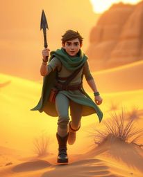 Embark on a breathtaking Disney-style desert adventure with a brave hero!  Experience the magic of warm golden hour light, ca