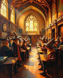 Discover a captivating oil painting depicting a magical school brimming with young wizards.  The artwork showcases a warm gol