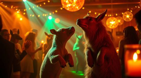 Imagine a whimsical animal dance party bathed in the warm glow of flickering candlelight and disco lights. This cozy, intimat