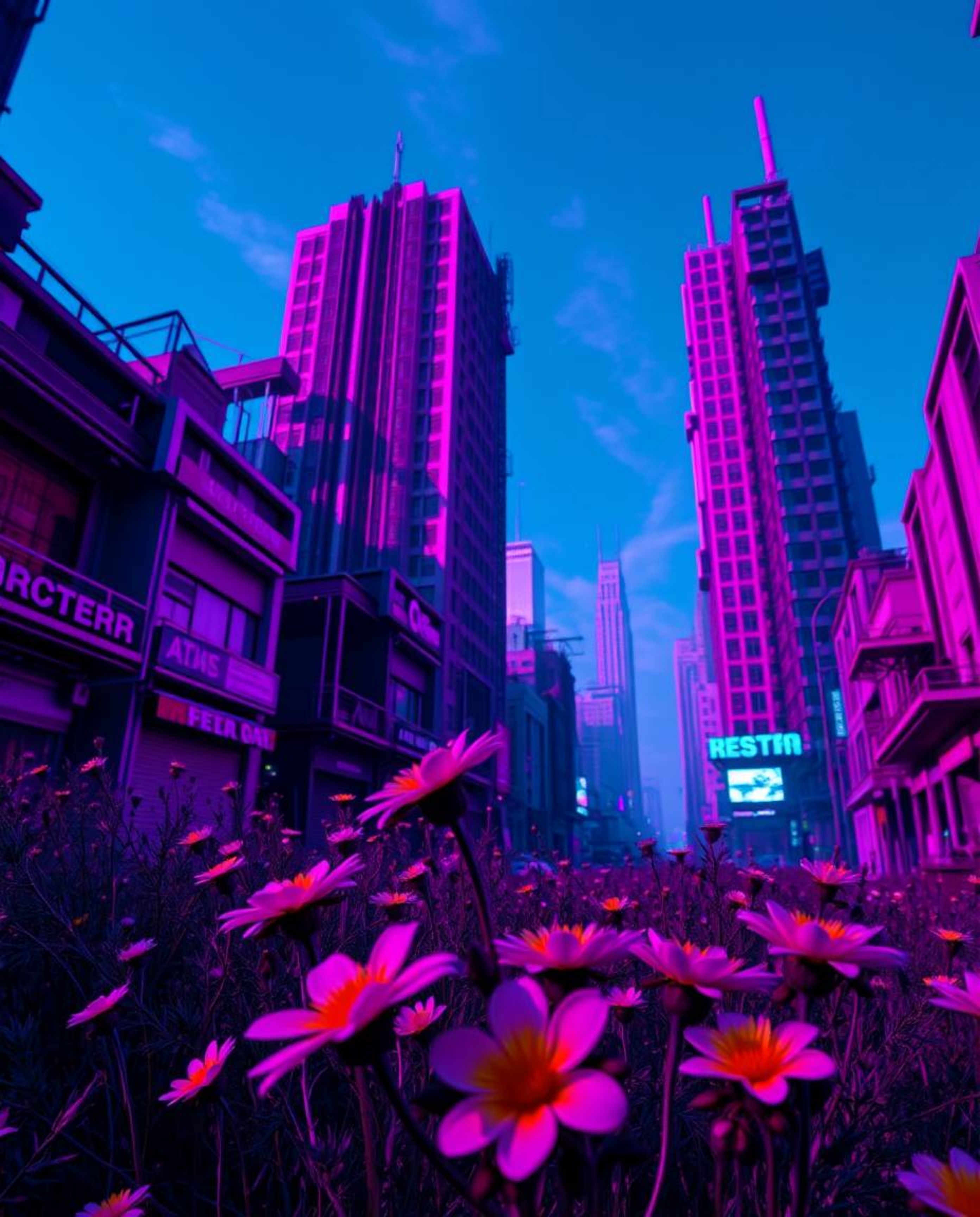 Explore a captivating post-apocalyptic cityscape bathed in deep ultraviolet hues, where resilient flowers bloom in defiance, 