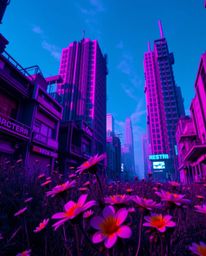 Explore a captivating post-apocalyptic cityscape bathed in deep ultraviolet hues, where resilient flowers bloom in defiance, 