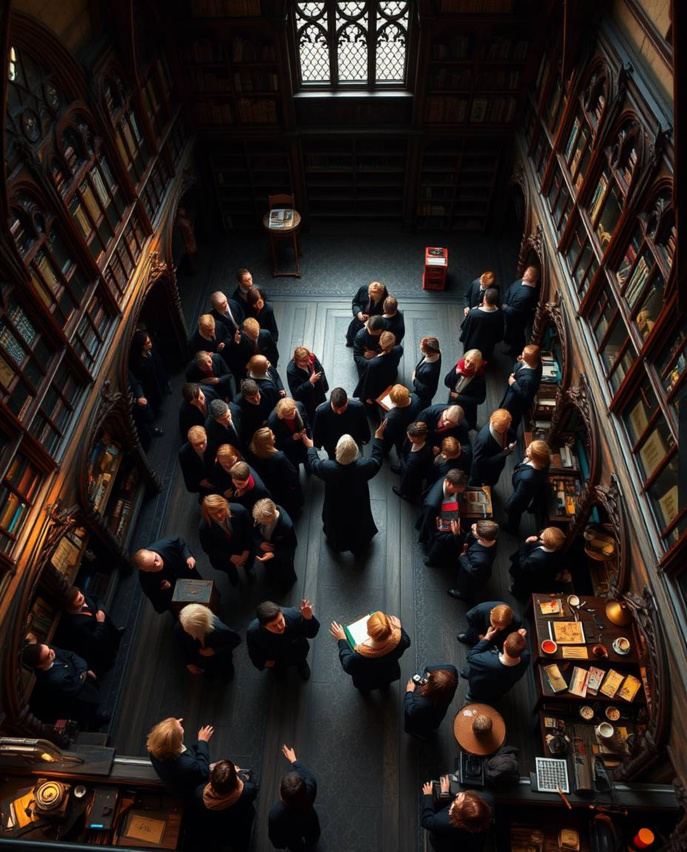 Explore a breathtaking high-angle perspective of a magical school teeming with young wizards, capturing the intricate spatial