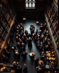 Explore a breathtaking high-angle perspective of a magical school teeming with young wizards, capturing the intricate spatial