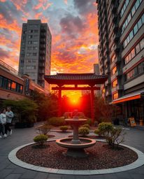 A candid street photograph capturing a vibrant sunset over a serene Zen garden within an urban setting, emphasizing spontaneo