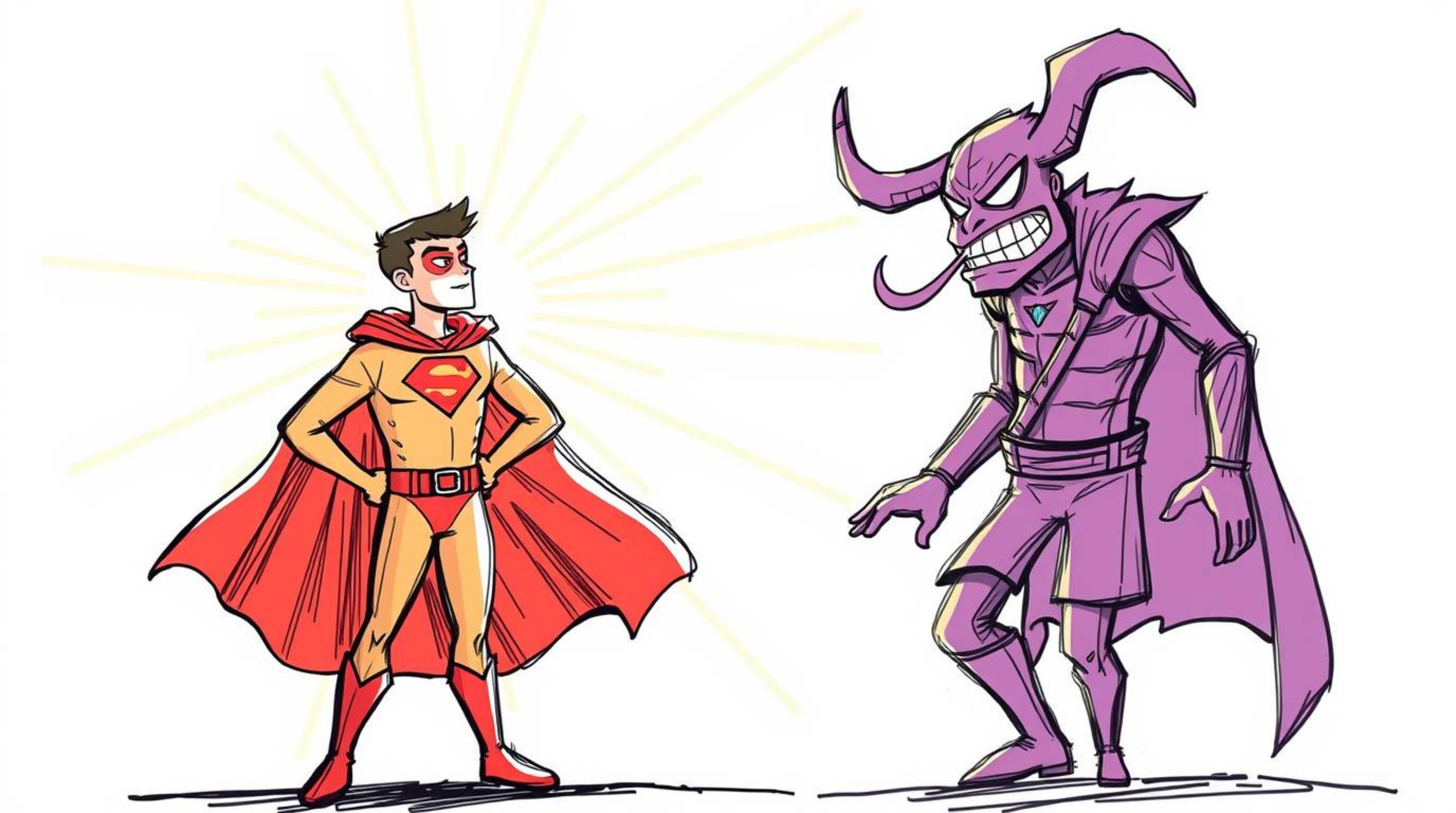 A vibrant, hand-drawn sketch captures a superhero, cape flowing dramatically, engaging a silly villain amidst bright lens fla