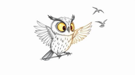 A heartwarming hand-drawn sketch in the style of Pixar showcases a blind owl with soft, textured pencil strokes dedicatedly t