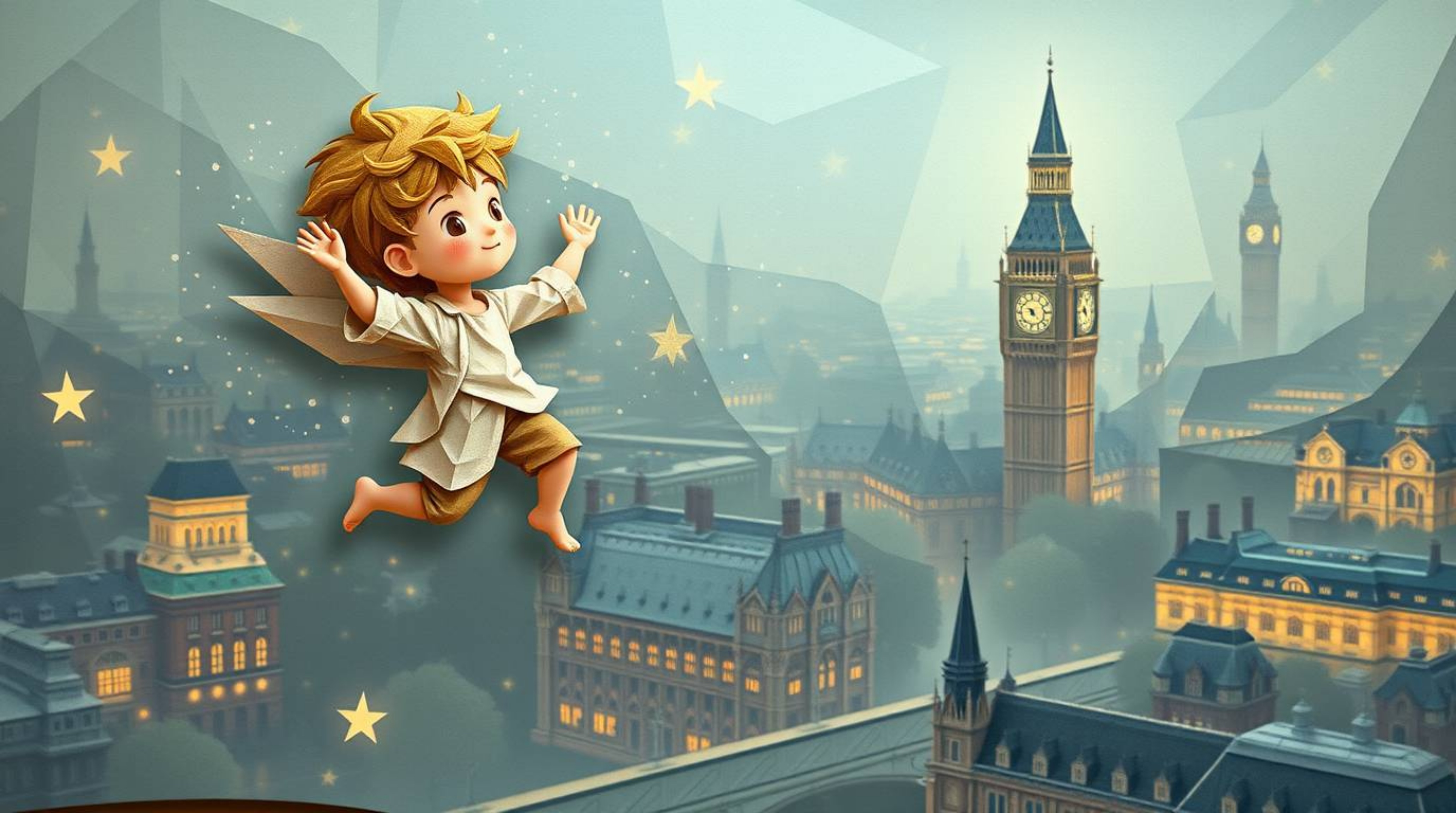 A captivating origami-style illustration portrays a young boy soaring above London, sprinkled with magical pixie dust.  The s