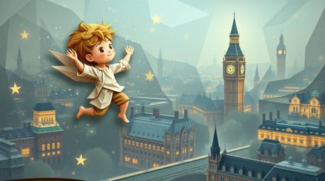 A captivating origami-style illustration portrays a young boy soaring above London, sprinkled with magical pixie dust. The s
