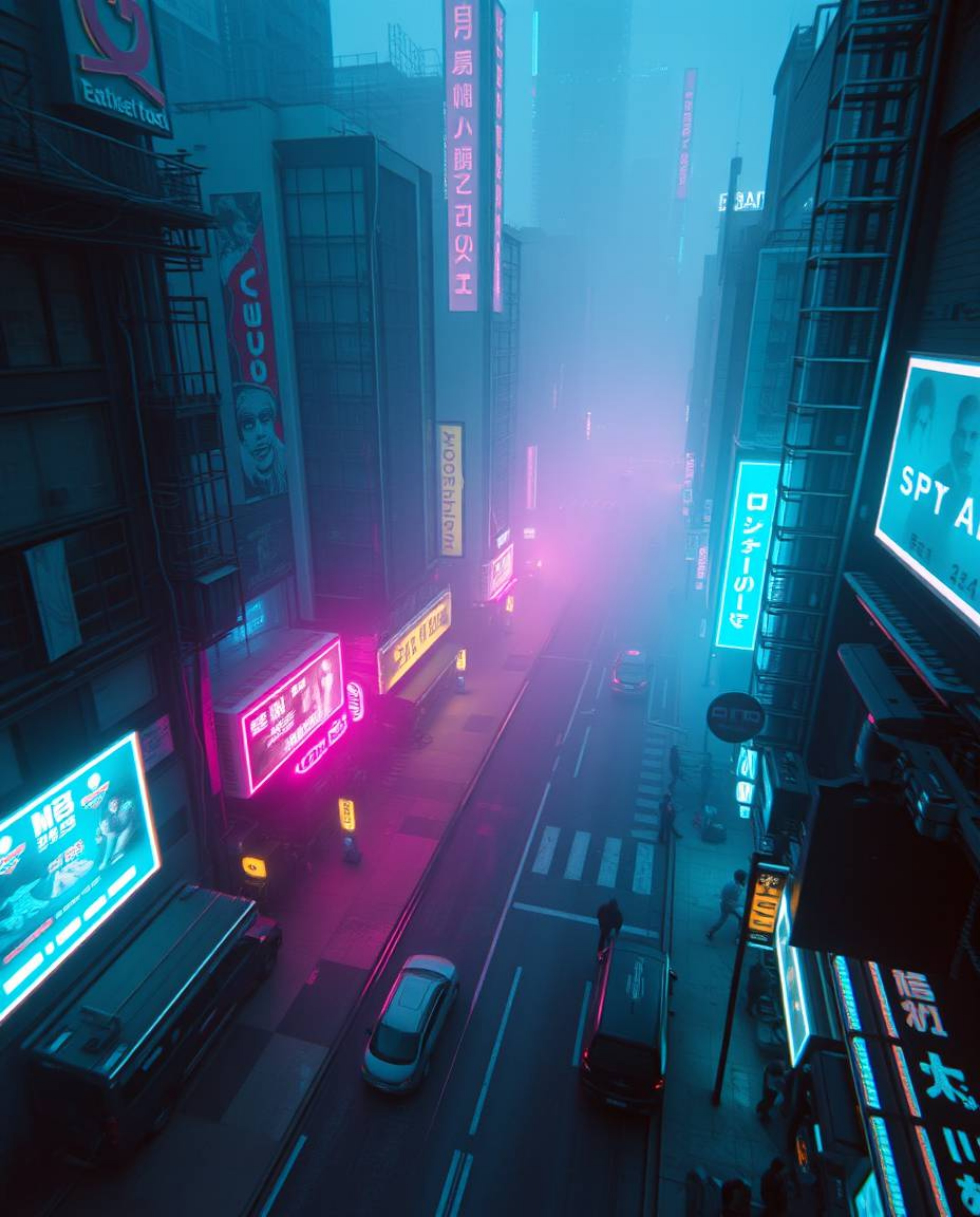 Experience a captivating high-angle perspective of a pixelated glitch image depicting a cyberpunk street scene. Immerse yours