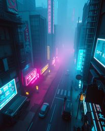 Experience a captivating high-angle perspective of a pixelated glitch image depicting a cyberpunk street scene. Immerse yours