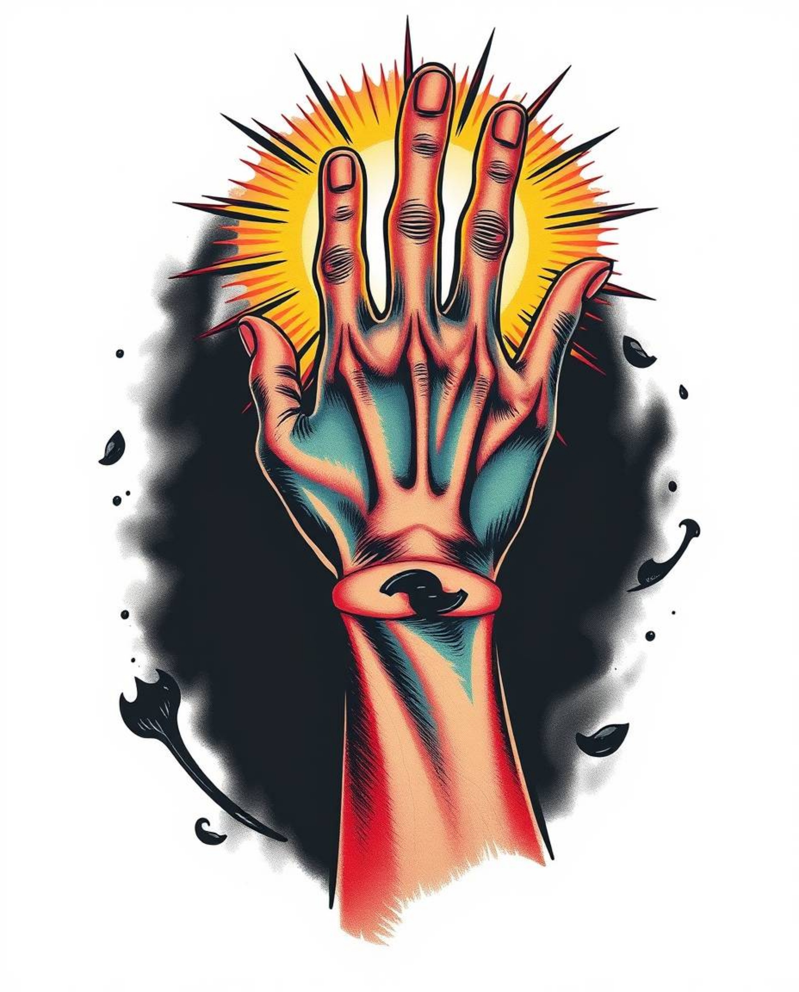A vibrant, colorful traditional tattoo art print features a hand reaching towards light from darkness, set against a white ba