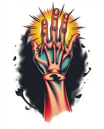 A vibrant, colorful traditional tattoo art print features a hand reaching towards light from darkness, set against a white ba