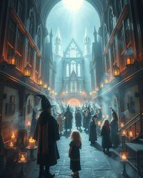 Immerse yourself in a magical school filled with young wizards, radiating an ethereal spiritual vibe and bathed in a soft lig