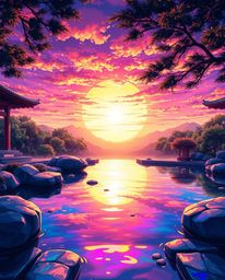 Transport yourself to another world with this depiction of an iridescent sunset over a serene Zen garden, rendered in a capti