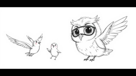 A heartwarming hand-drawn sketch reminiscent of Pixar, showcasing a blind owl with gentle features and expressive eyes. This 