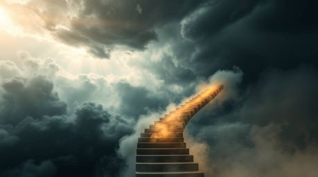 A winding stairway of smoke and light ascends into a vast, stormy sky, creating a scene of intense drama and high tension. Th