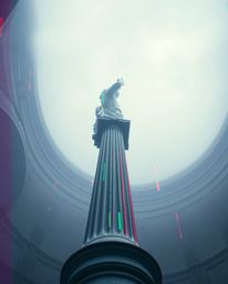 A captivating high-angle shot showcases a classical sculpture imbued with a vibrant glitch effect.  The digital corruption th