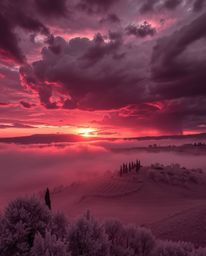 Surreal infrared photograph: Tuscan sunset over misty rolling hills, infrared spectrum, stormy skies, otherworldly appearance