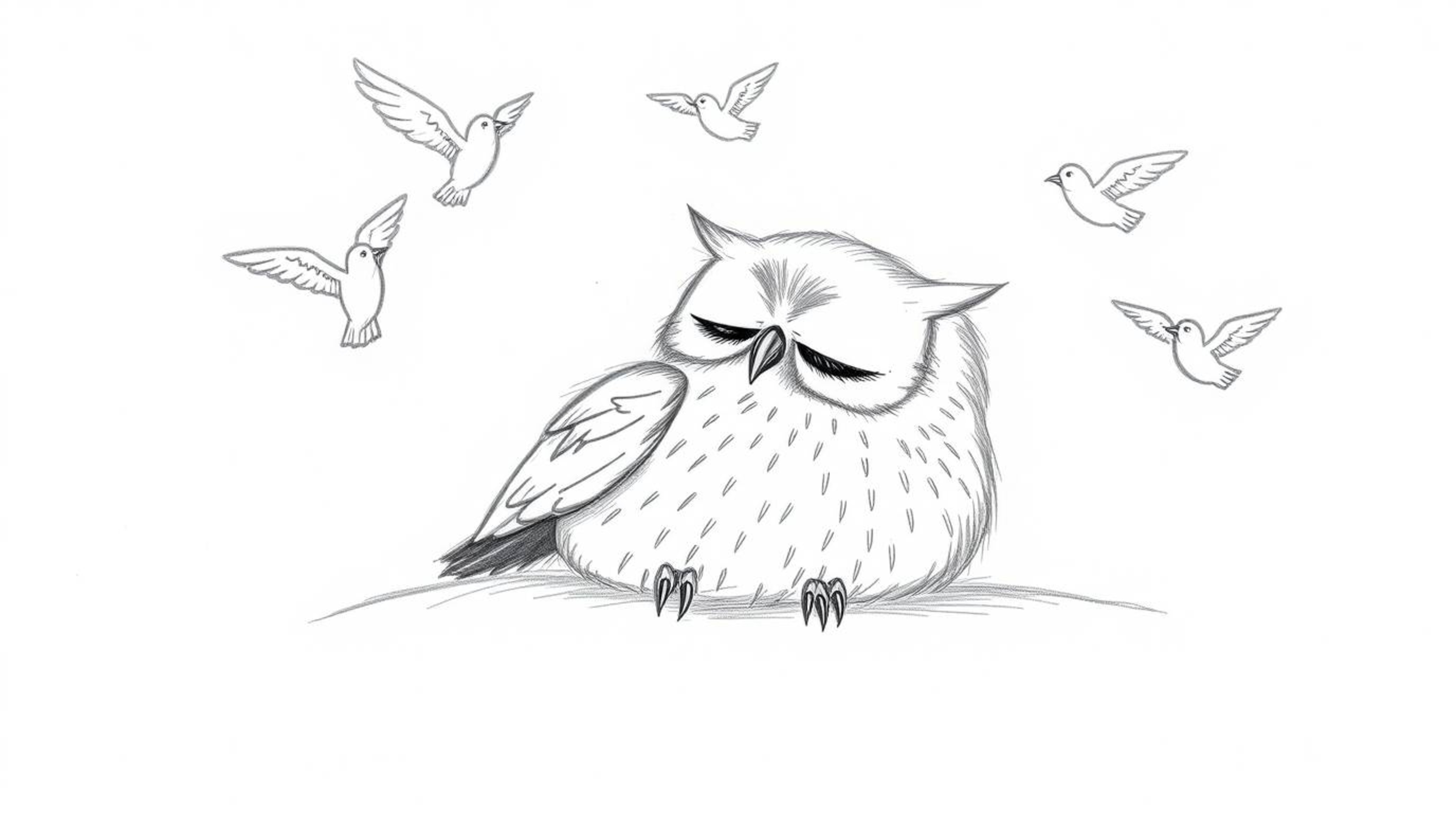 A delightful hand-drawn sketch in the iconic Pixar style portrays a serene, blind owl resting peacefully. Soft, textured penc