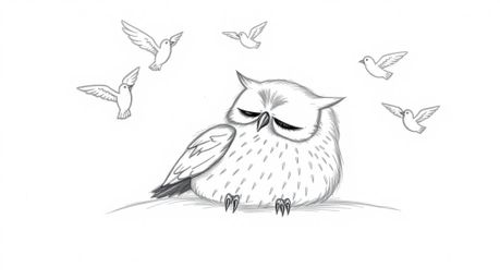 A delightful hand-drawn sketch in the iconic Pixar style portrays a serene, blind owl resting peacefully. Soft, textured penc