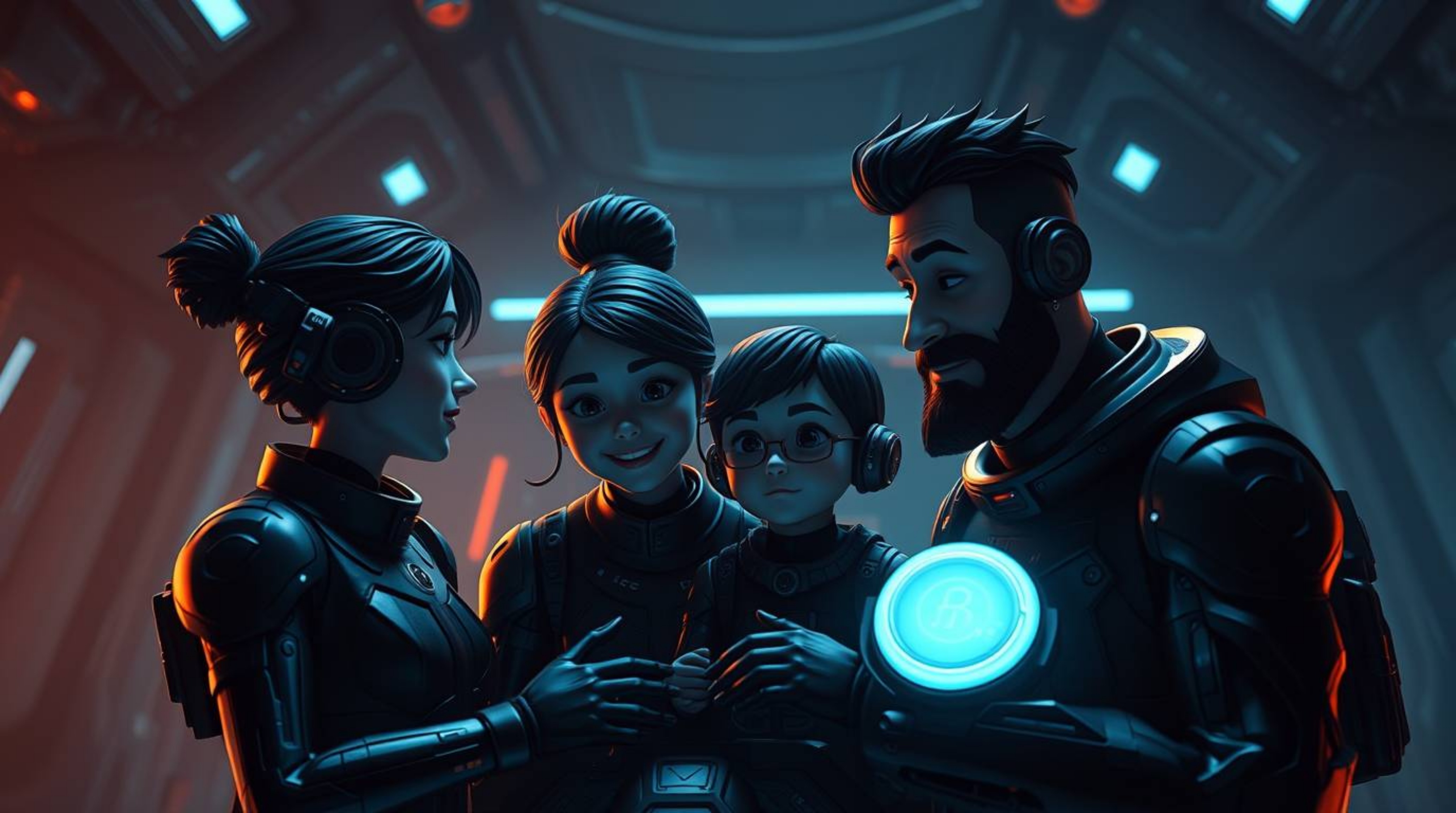 Witness a heartwarming Pixar-style family reunion set against an intense, jet-black, futuristic sci-fi backdrop. This depicti