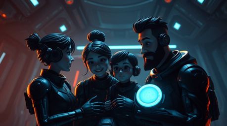 Witness a heartwarming Pixar-style family reunion set against an intense, jet-black, futuristic sci-fi backdrop. This depicti