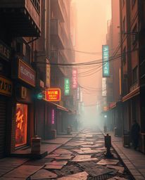 A captivating pixelated glitch image depicts a cyberpunk street bathed in neon haze.  Rendered in a layered papier-mâché styl