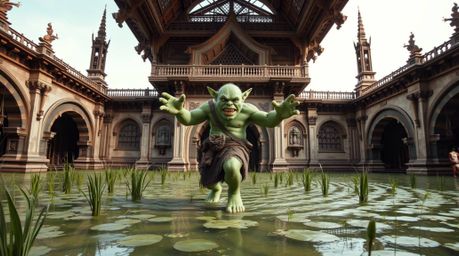 Stunning architectural photography captures a whimsical scene of an ogre dancing in a swamp.  The image emphasizes sharp line
