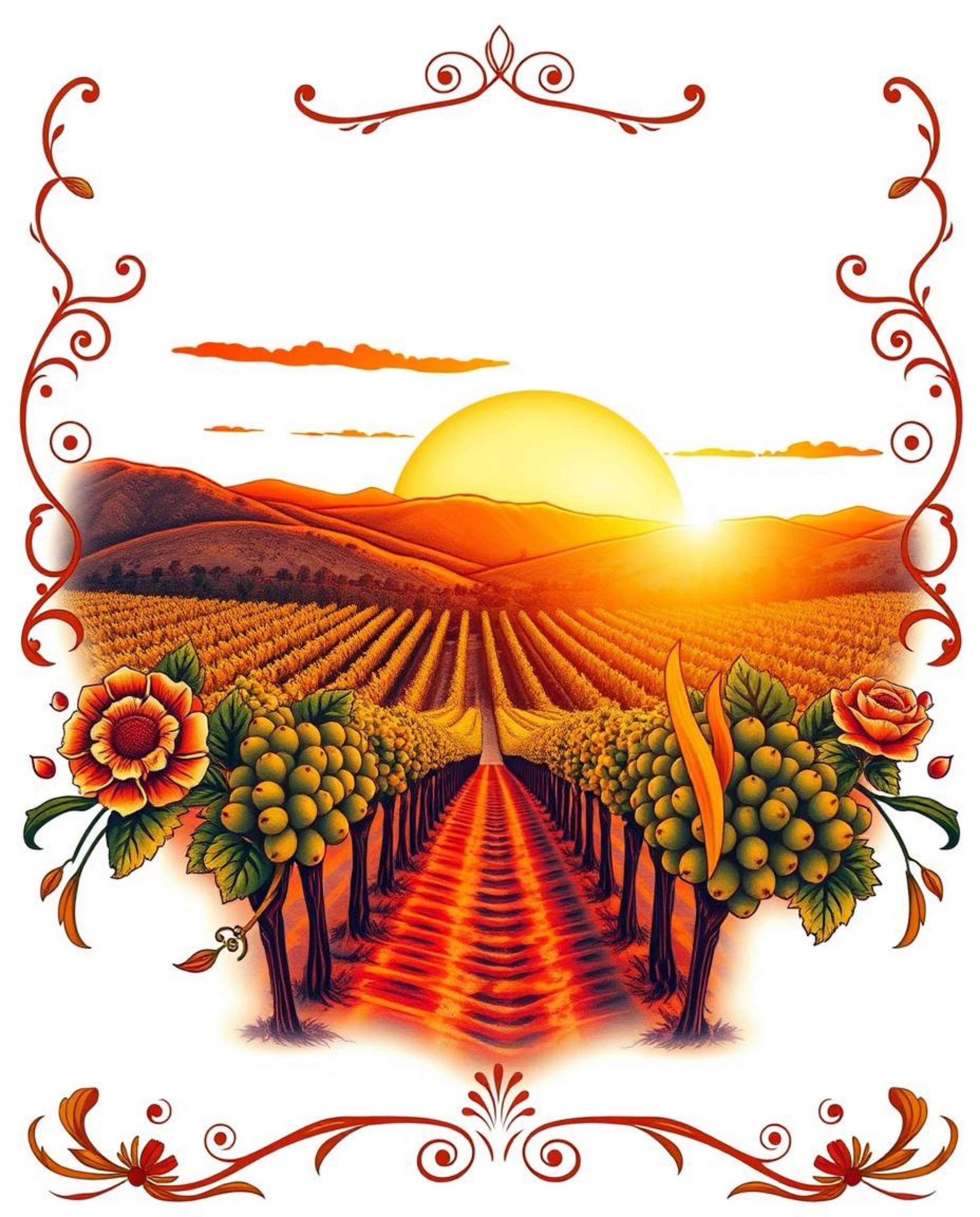 This symbolic traditional tattoo art print gracefully and elegantly depicts a sunset over a vineyard. Bathed in the warm gold